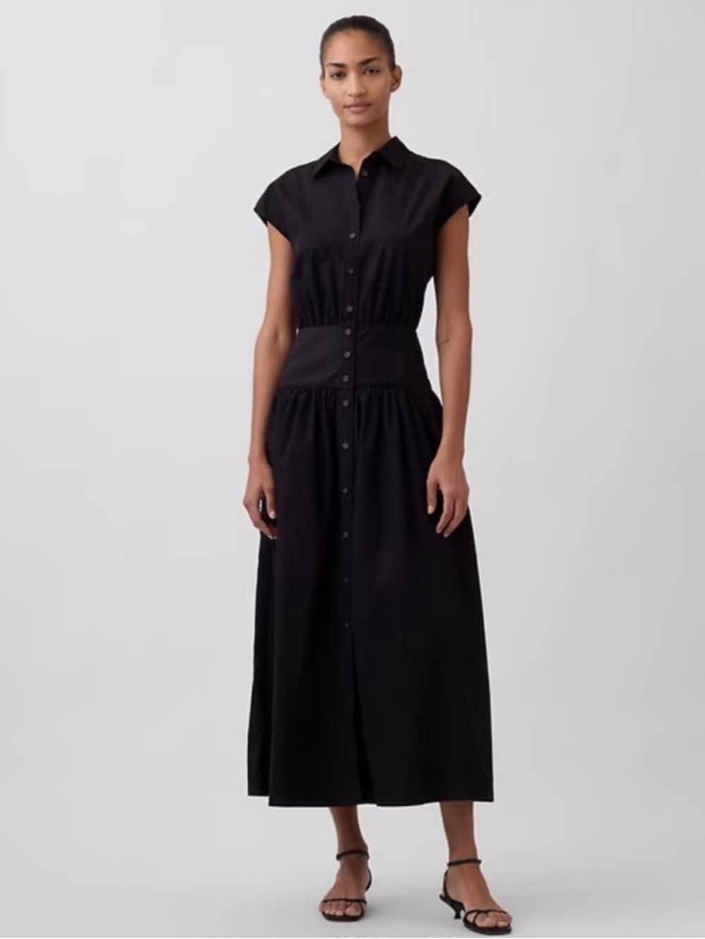 NWT! Gap Black Poplin Drop-Waist Maxi Shirtdress - Large L